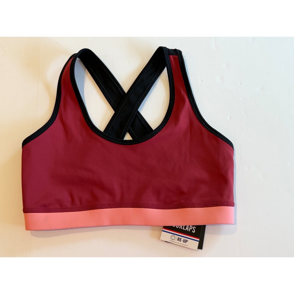 Fourlaps Infinity Sports Bra Red Velvet Strawberry Black Cross‎ Back Size S NEW